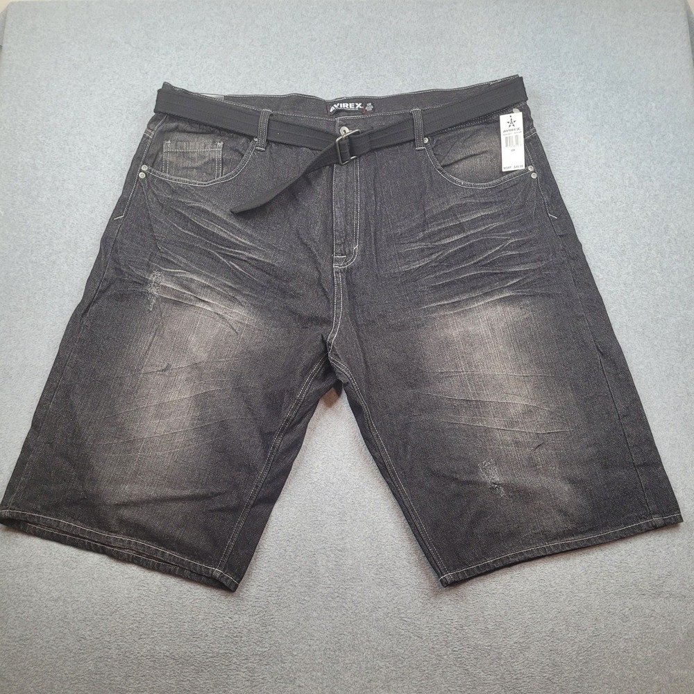 Avirex Denim Shorts Mens 50x15 Black Sand Distressed Belted Jean Shorts NWT